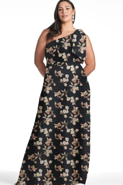 Sachin & Babi Plus Sizes|One Shoulder<Chelsea Gown - Black Venetia Petal Blackvenetiapetal